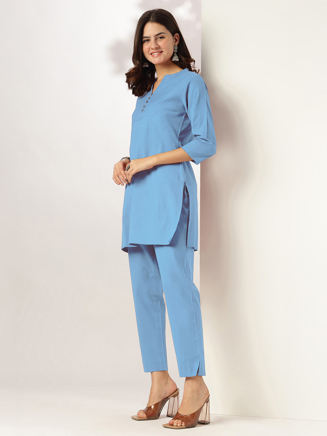 Straight-fit powder blue pants co-ord set for women – workwear and office outfit