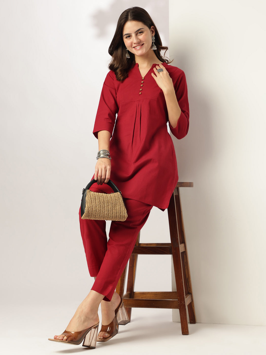 Maroon cotton flex co-ord set for women – casual wear