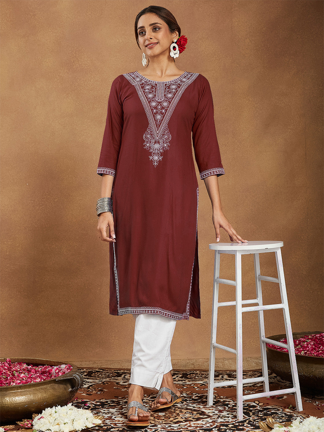 Ruby Maroon Embroidered Rayon Straight Stylish Kurti for Women