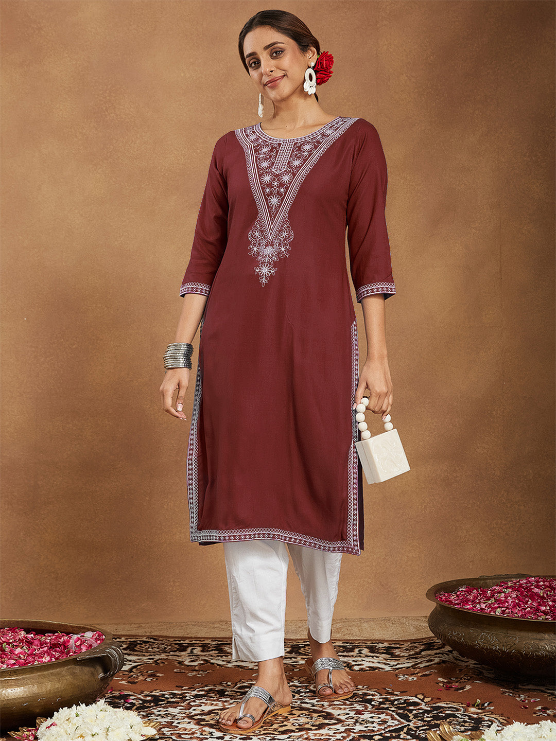 Ruby Maroon Embroidered Rayon Straight Stylish Kurti for Women