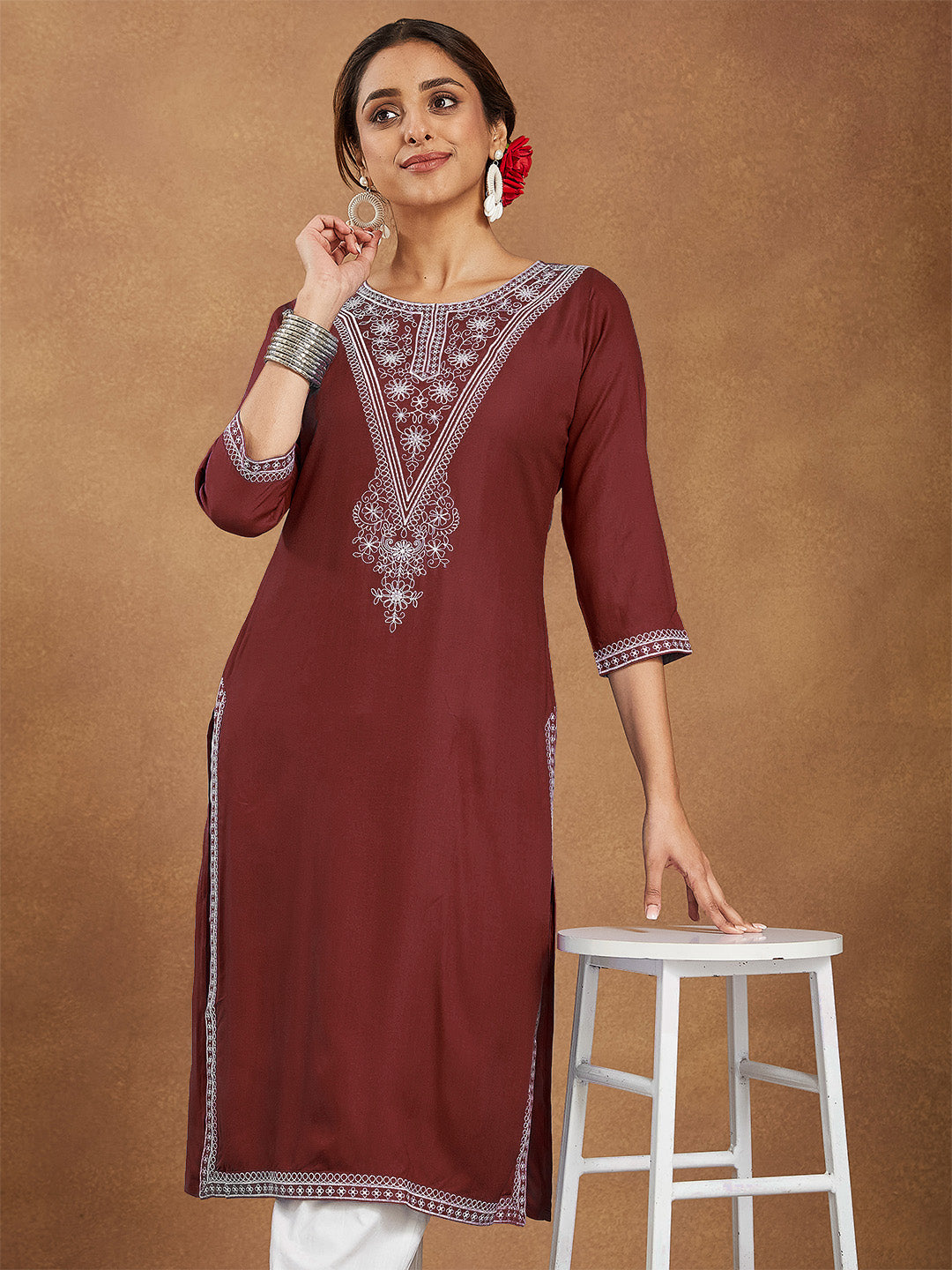 Ruby Maroon Embroidered Rayon Straight Stylish Kurti for Women