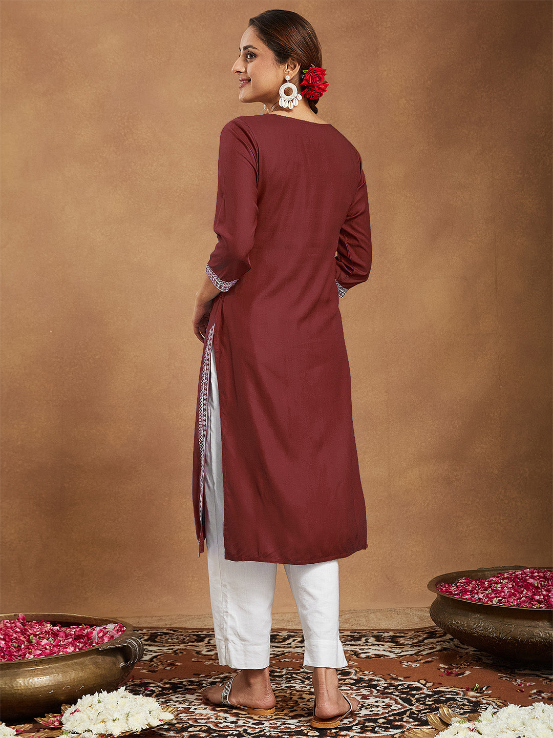 Ruby Maroon Embroidered Rayon Straight Stylish Kurti for Women