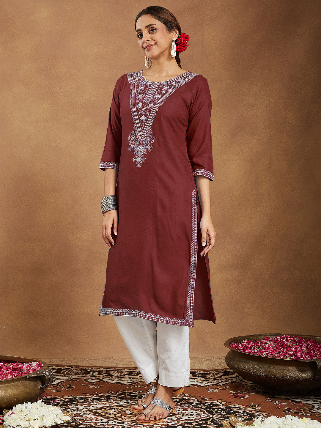 Ruby Maroon Embroidered Rayon Straight Stylish Kurti for Women