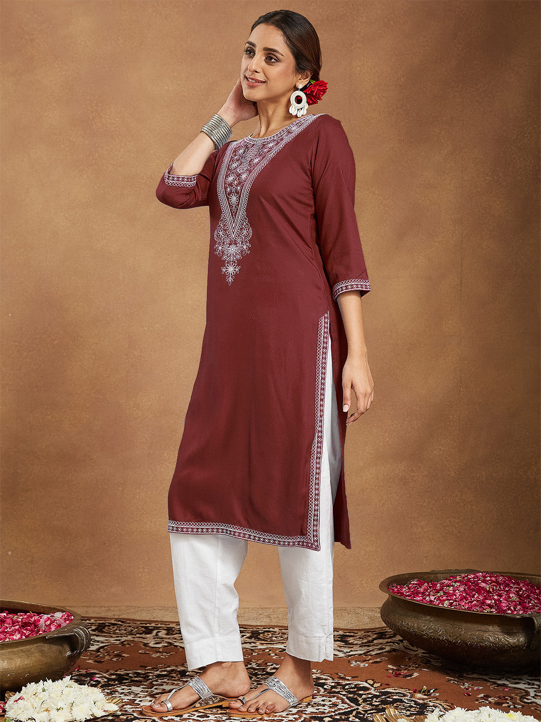Ruby Maroon Embroidered Rayon Straight Stylish Kurti for Women