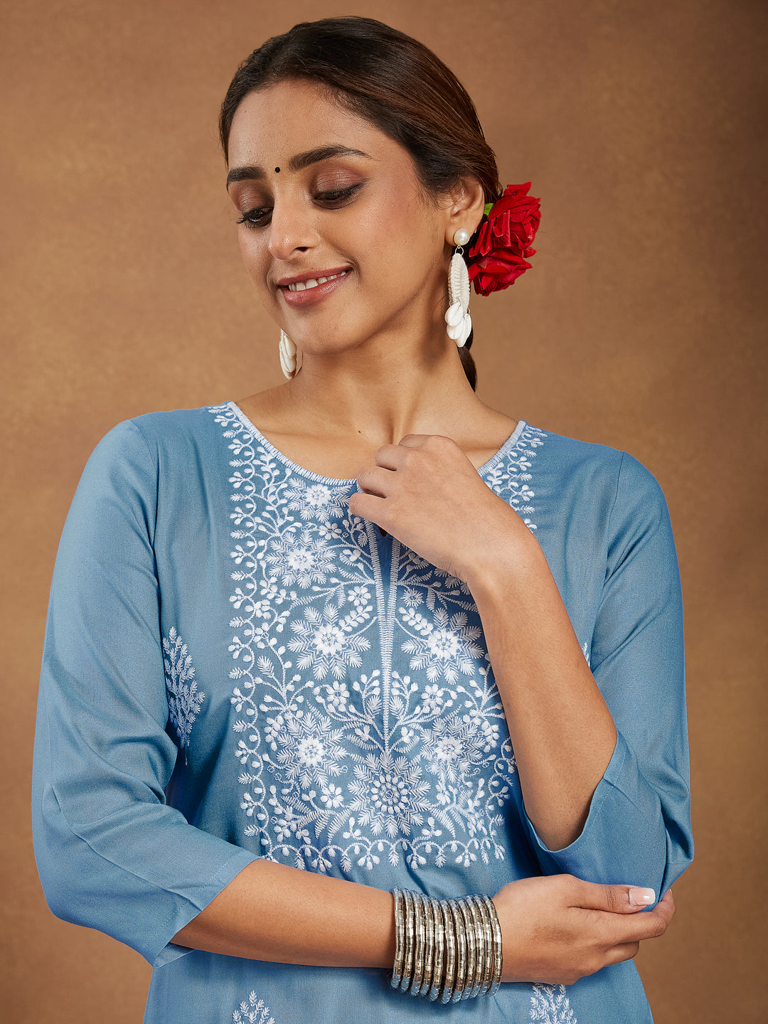 Celeste Sky Blue Embroidered Rayon Straight Stylish Kurti for Women