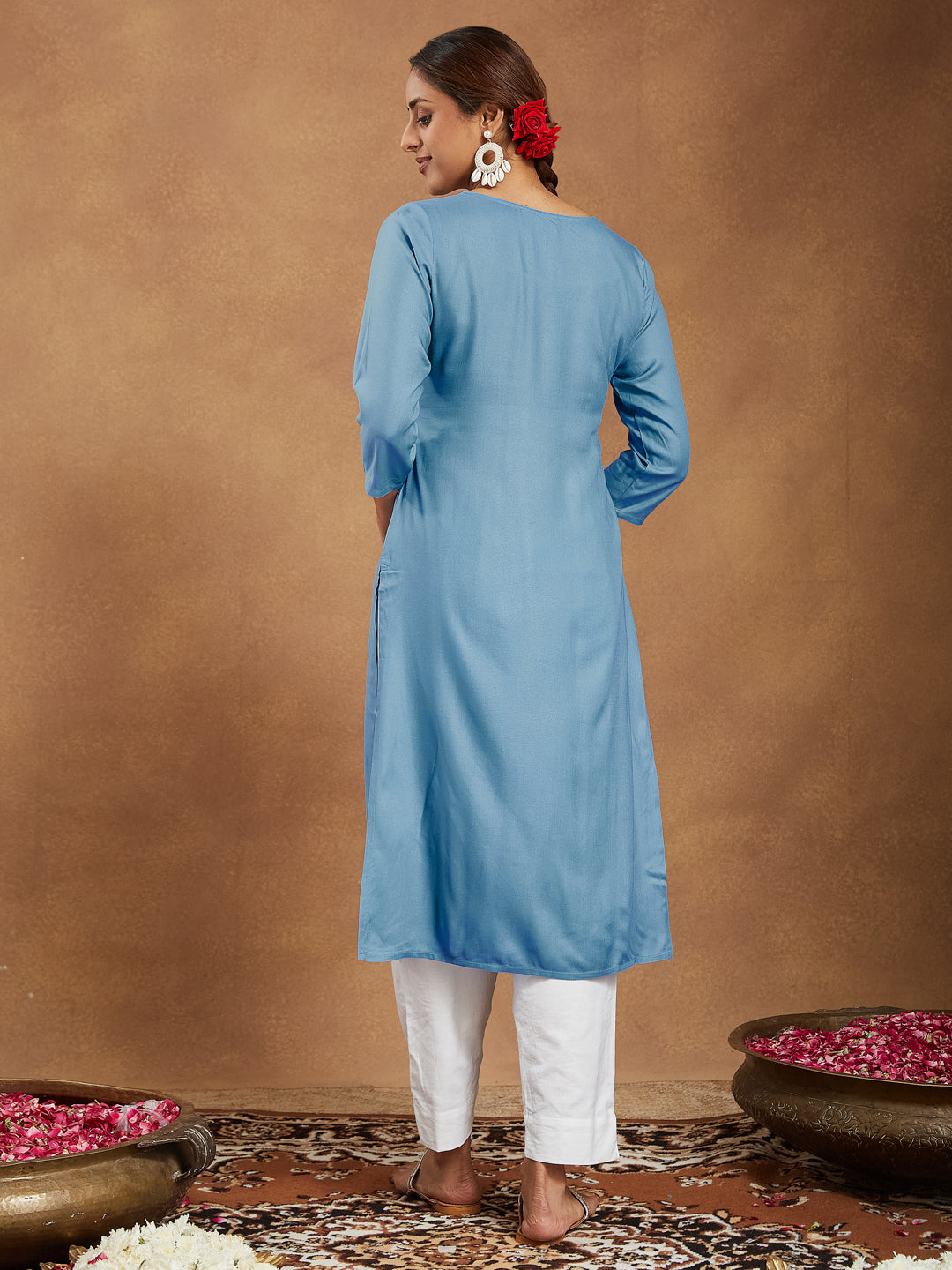 Celeste Sky Blue Embroidered Rayon Straight Stylish Kurti for Women