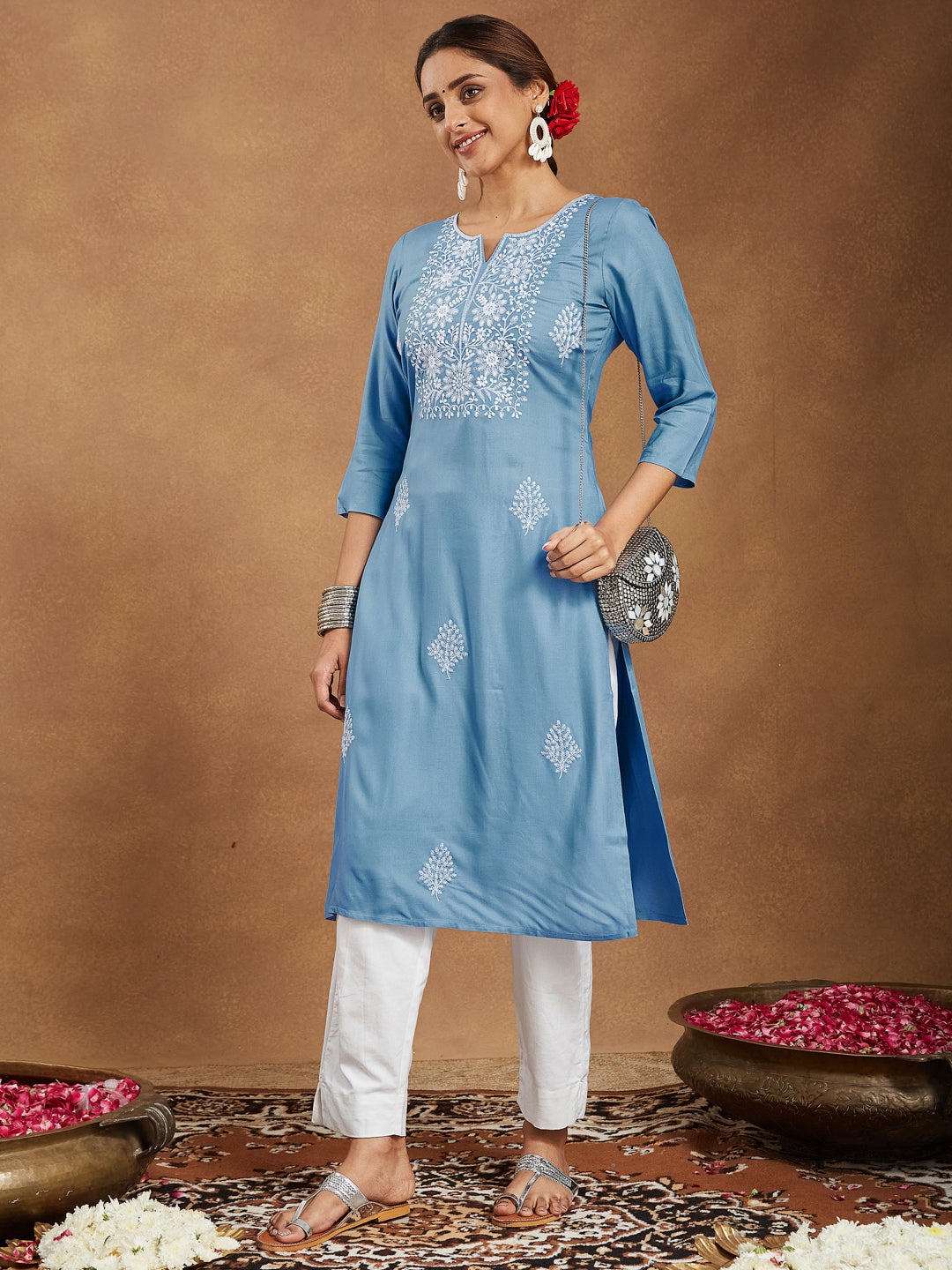 Celeste Sky Blue Embroidered Rayon Straight Stylish Kurti for Women