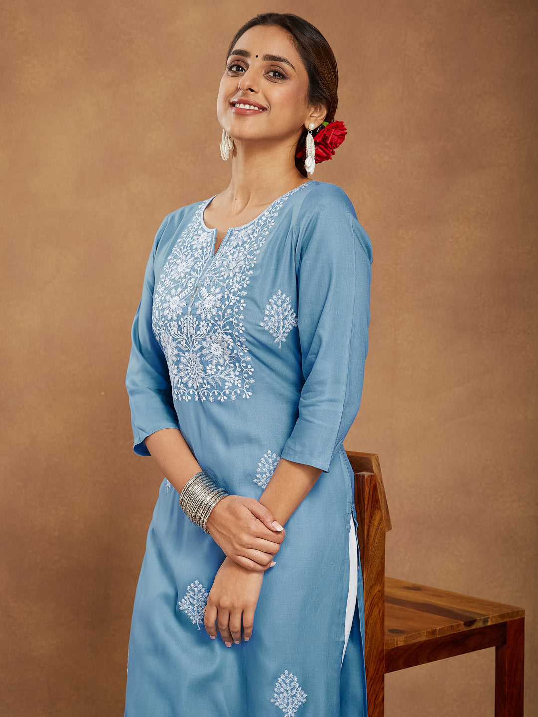 Celeste Sky Blue Embroidered Rayon Straight Stylish Kurti for Women