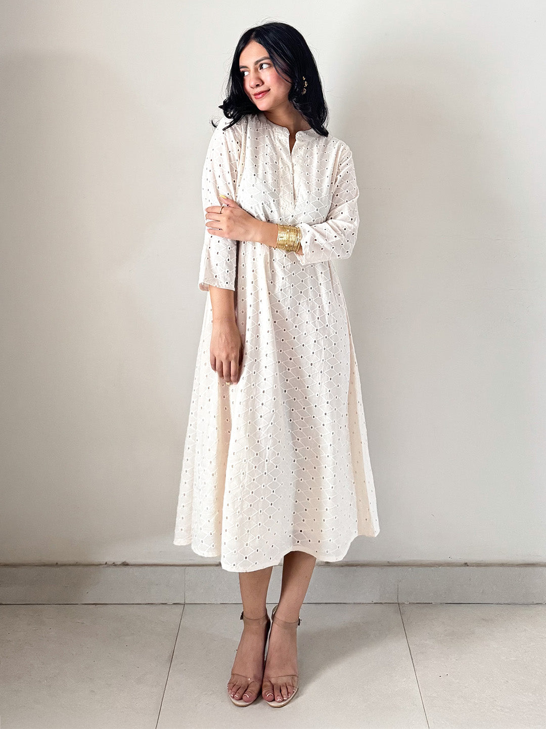 Elegant Off-White Schiffli Cotton Midi Dress