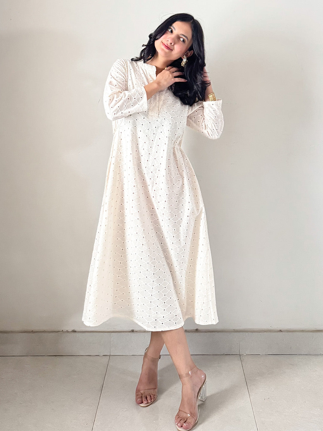 Elegant Off-White Schiffli Cotton Midi Dress