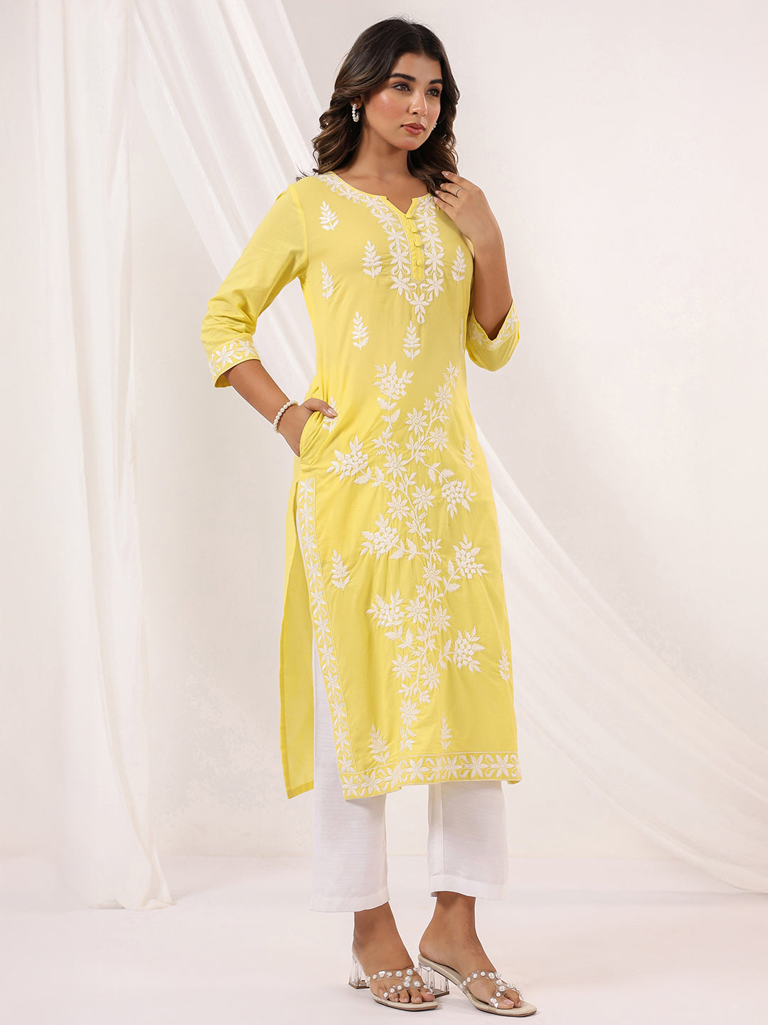 Kavisha Yellow Cotton Chikankari Stylish Kurti for Women