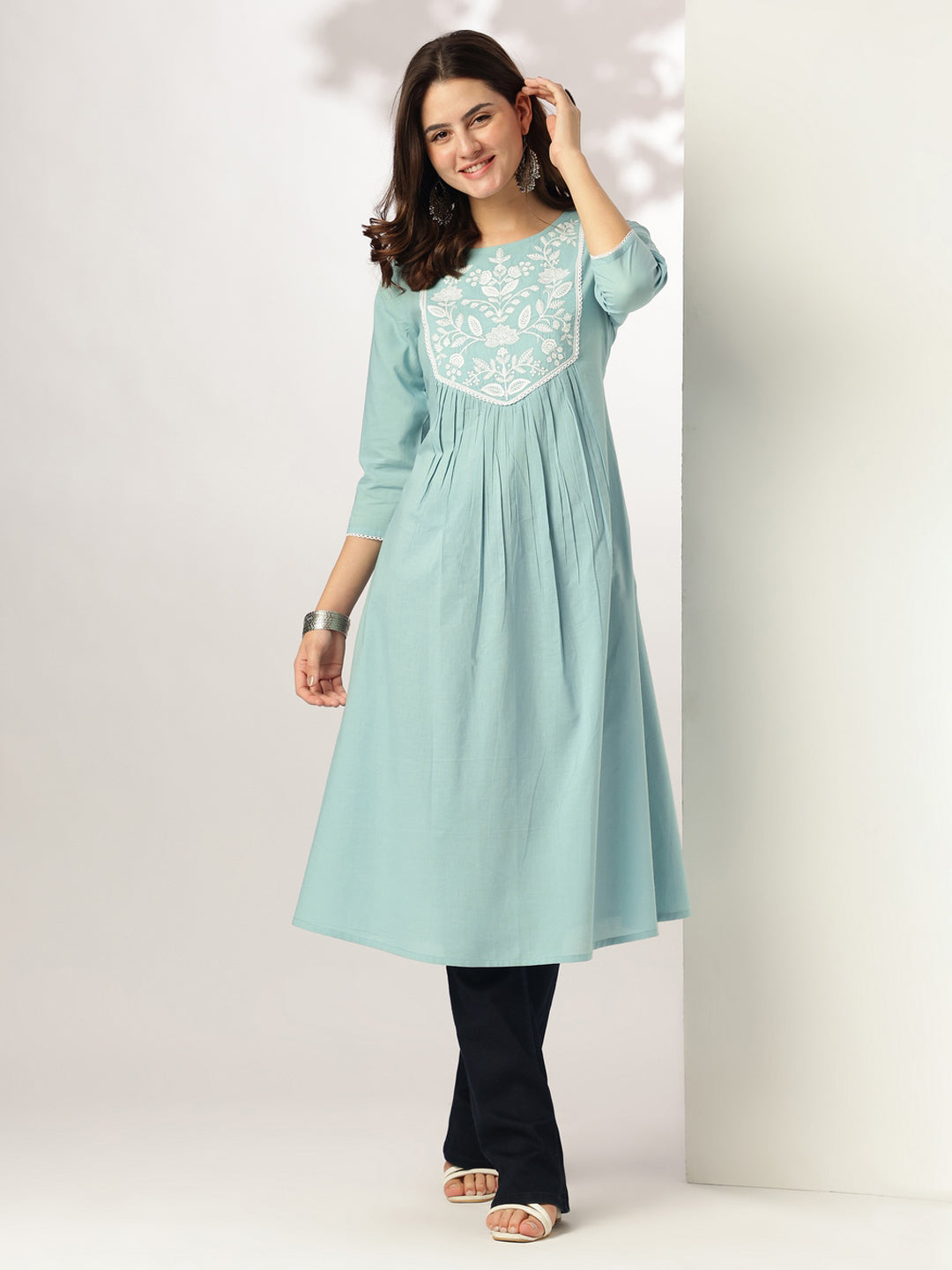 Vedika Light Blue Cotton Embroidered Stylish Kurti for Women