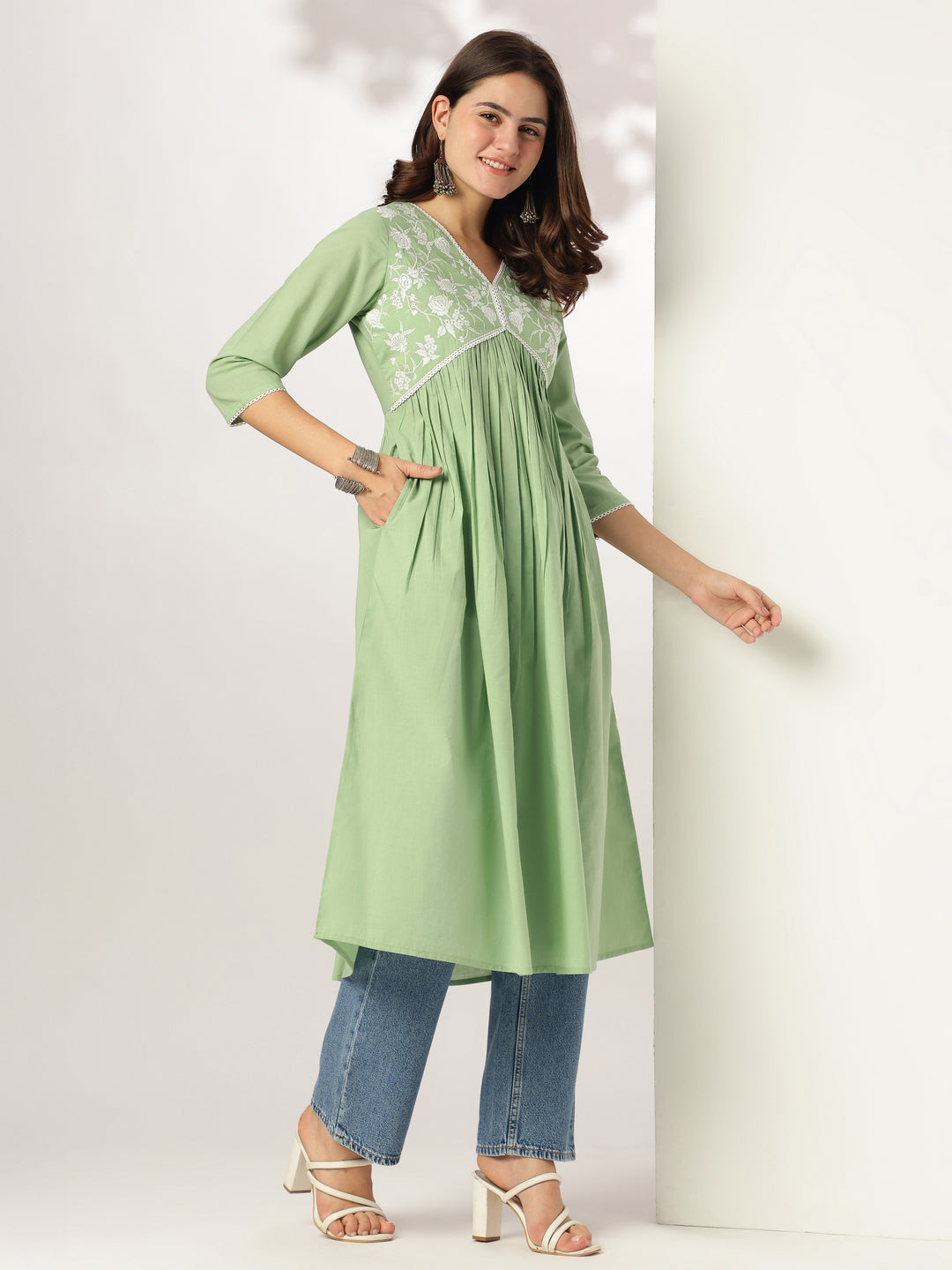 Vedika Light Green Cotton Embroidered Stylish Kurti for Women