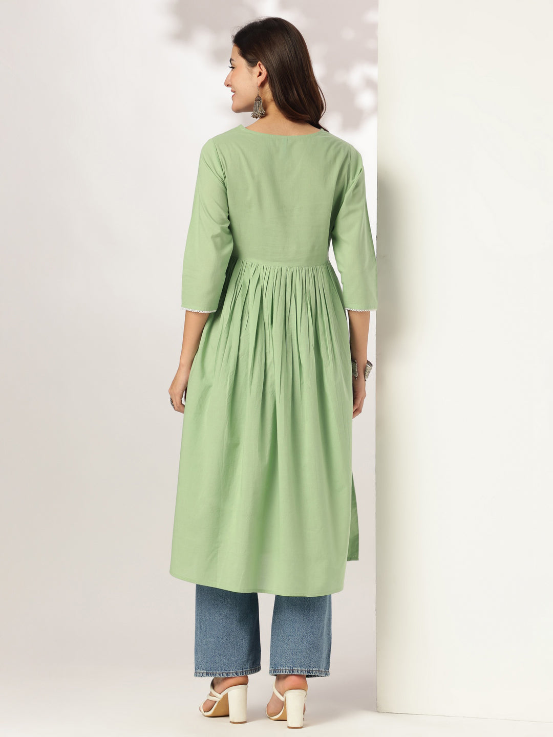 Vedika Light Green Cotton Embroidered Stylish Kurti for Women