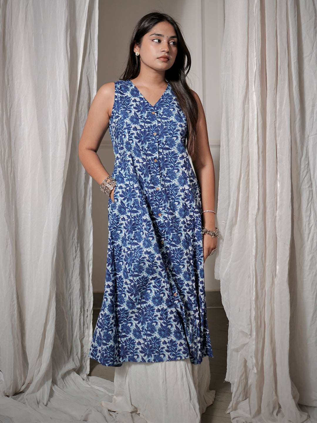Blue Pure Cotton Floral Printed A-line Kurta My Store