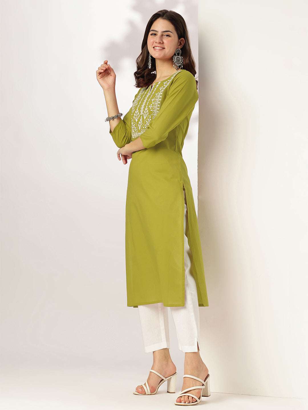 Charvi Lime Green Cotton Embroidered Stylish Kurti for Women Sajnaa