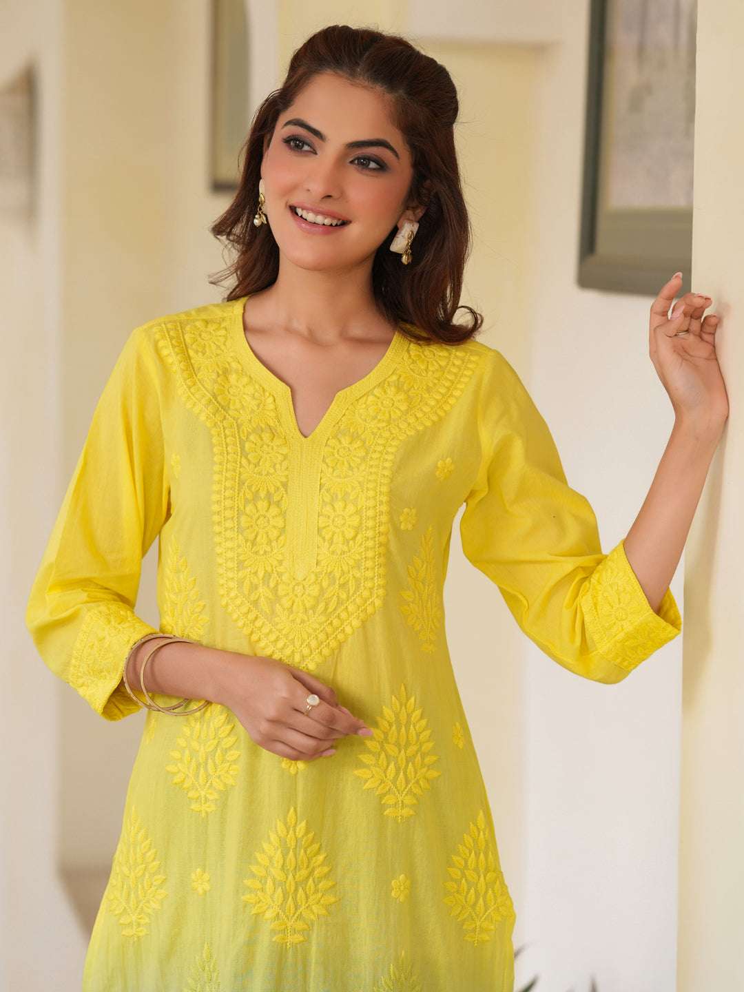 Zara Lime Yellow Ombre Chikankari Stylish Kurti for Women Sajnaa