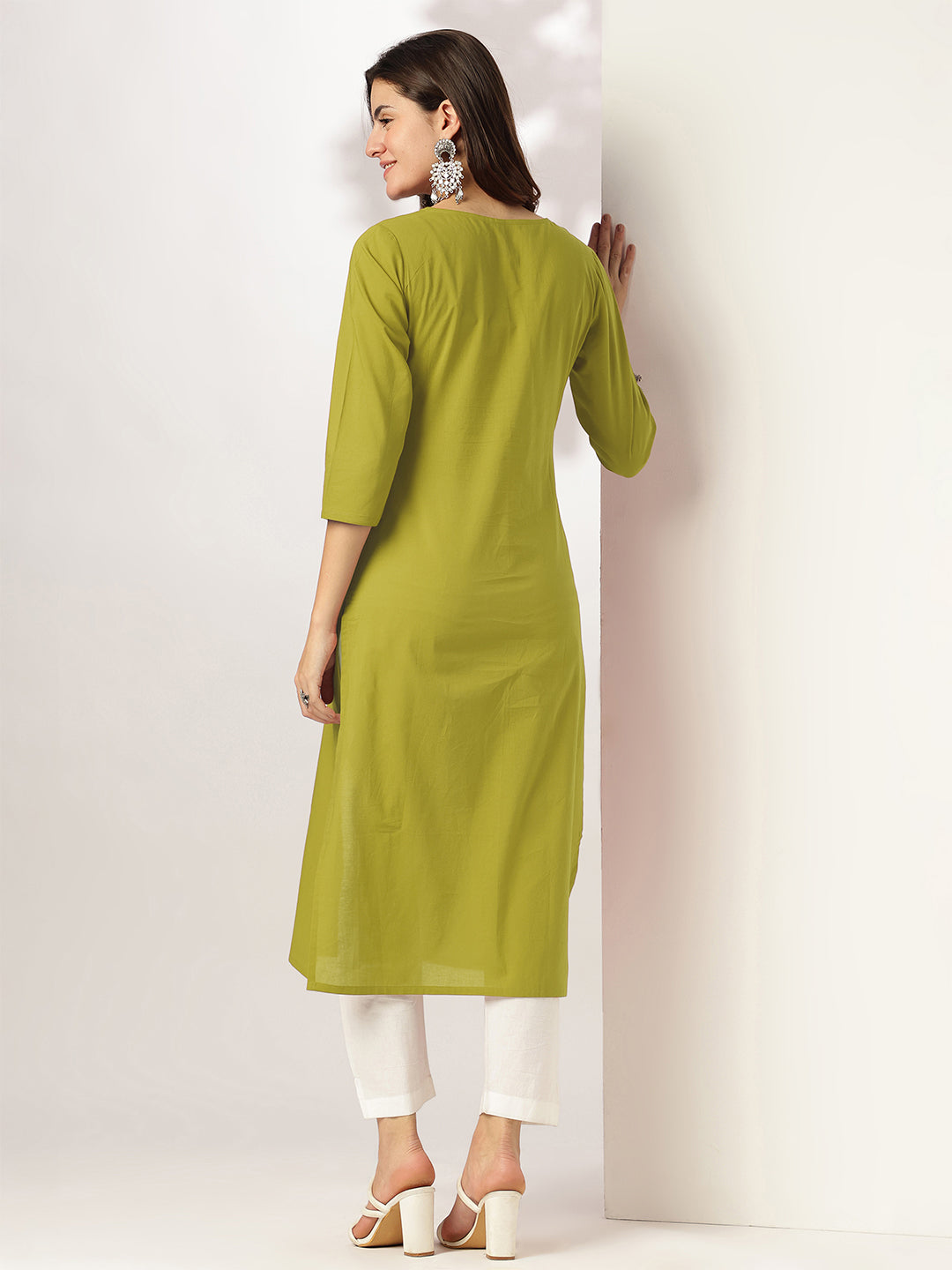 Charvi Lime Green Cotton Embroidered Stylish Kurti for Women