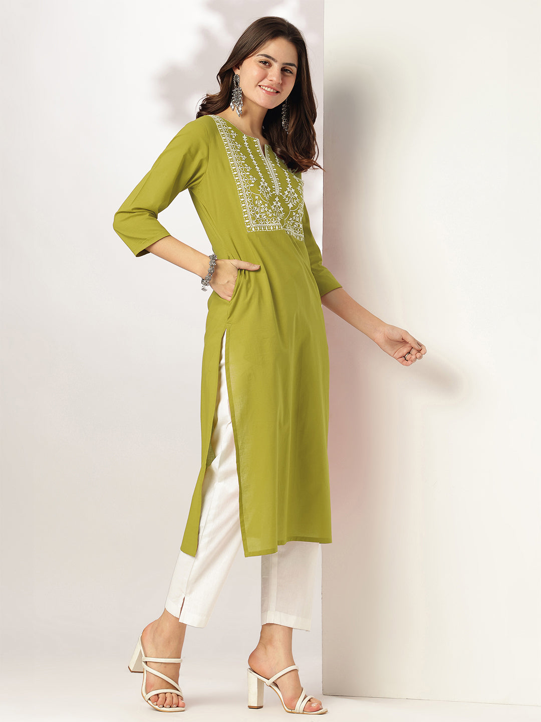 Charvi Lime Green Cotton Embroidered Stylish Kurti for Women