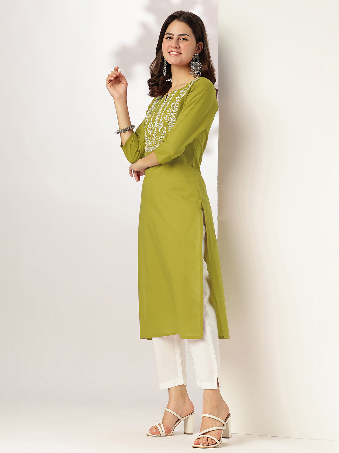Charvi Lime Green Cotton Embroidered Stylish Kurti for Women