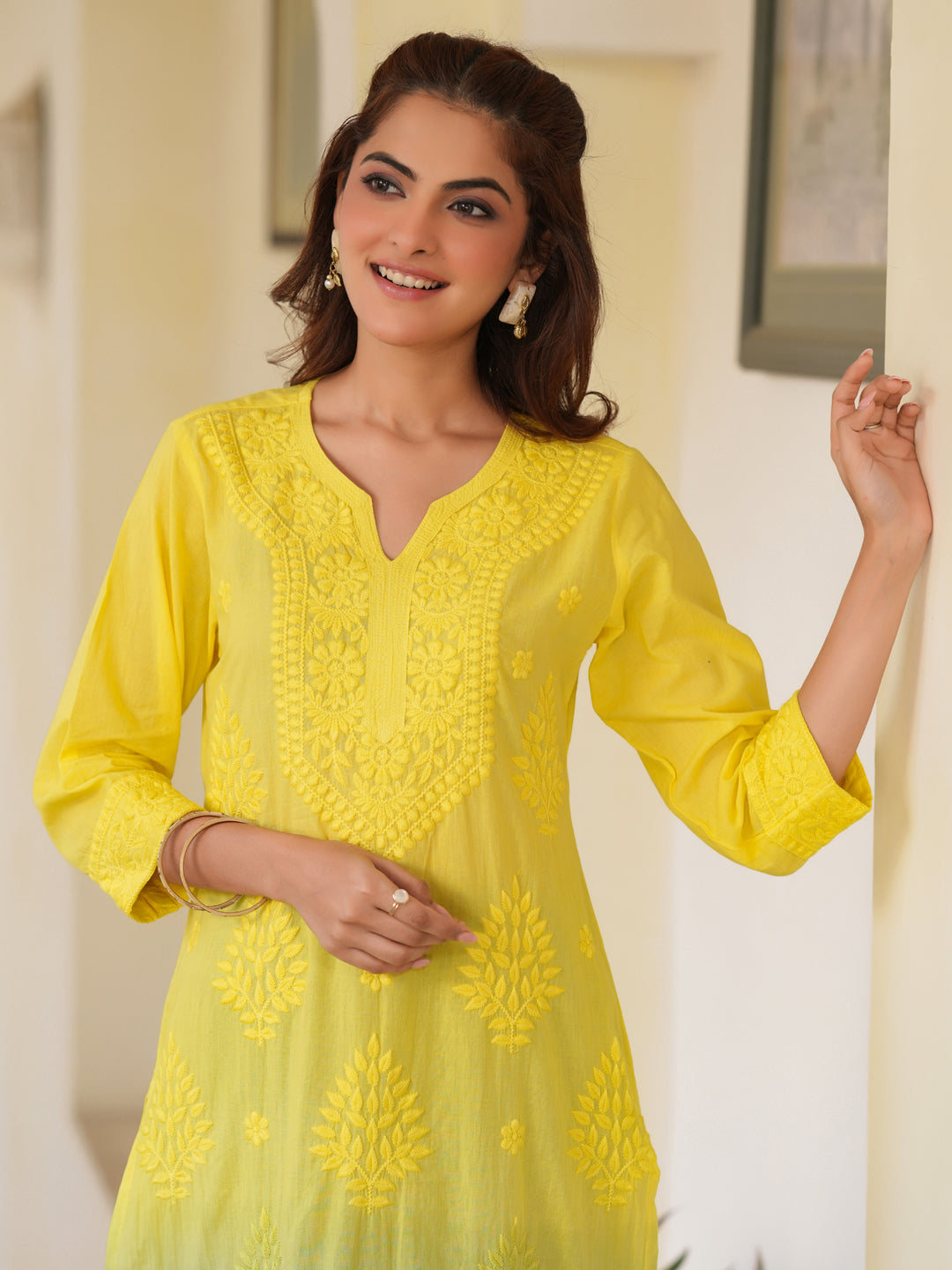 Zara Lime Yellow Ombre Chikankari Stylish Kurti for Women