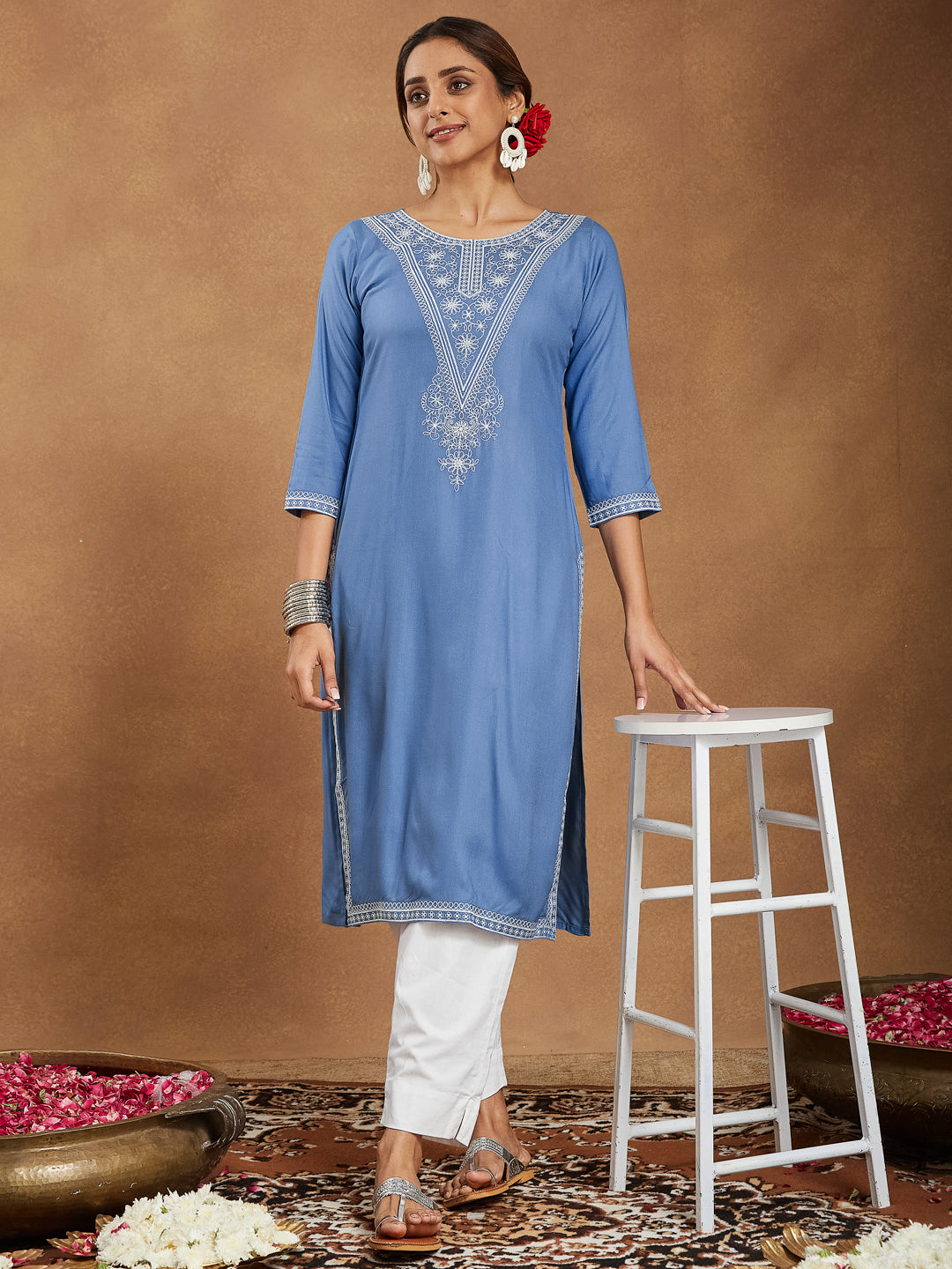 Lyla Sky Blue Embroidered Rayon Straight Stylish Kurti for Women