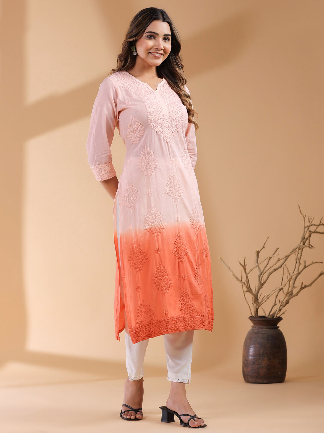 Lyra Peach Ombre Chikankari Stylish Kurti for Women