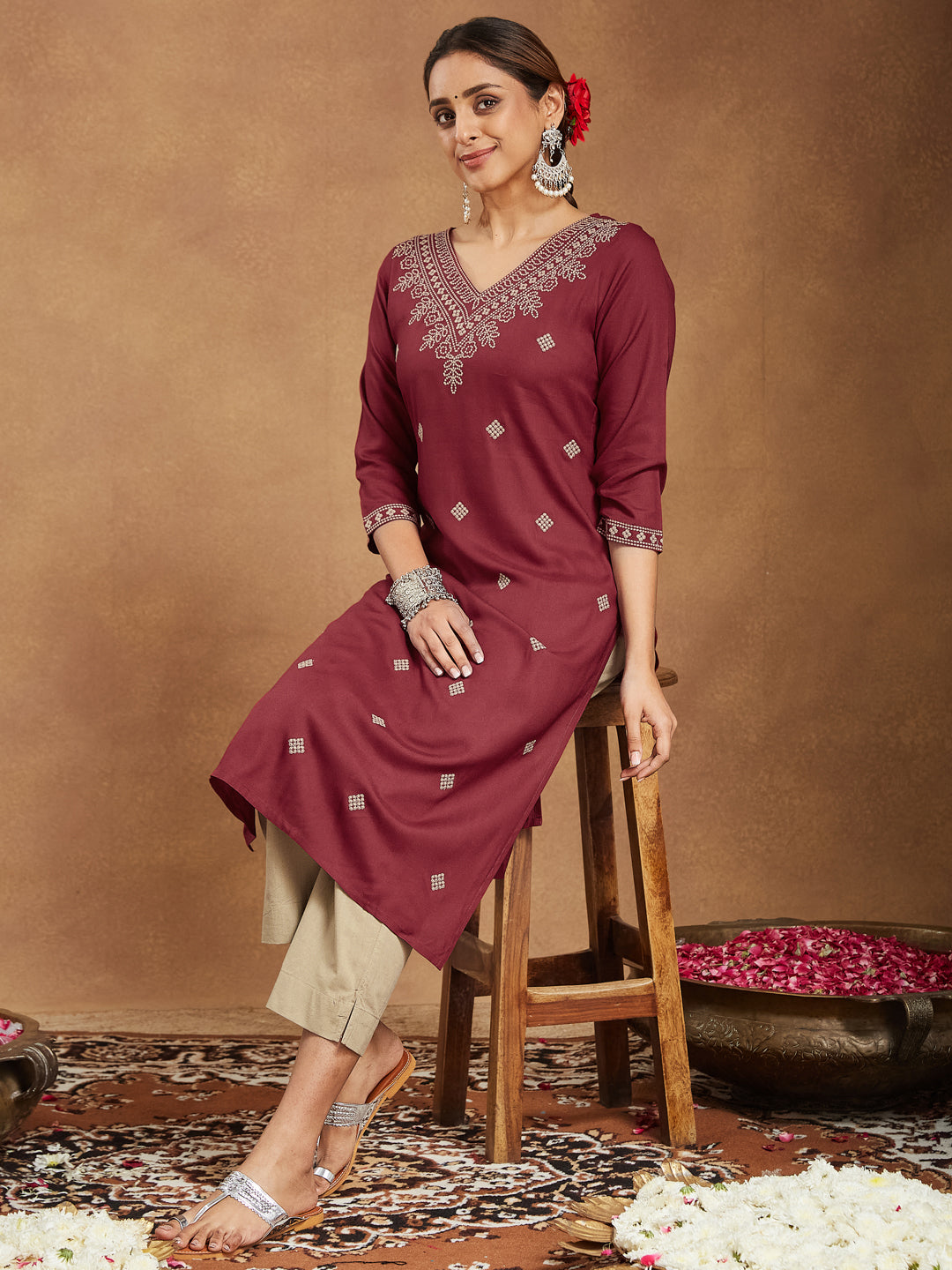 Amara Maroon Embroidered Rayon Straight Stylish Kurti for Women
