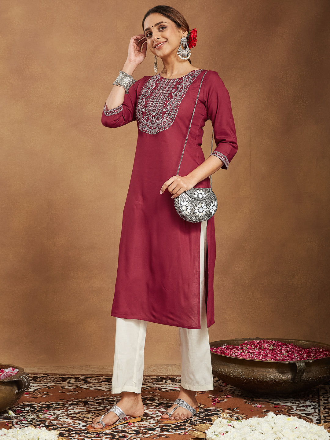 Ruby Maroon Embroidered Rayon Straight Stylish Kurti for Women