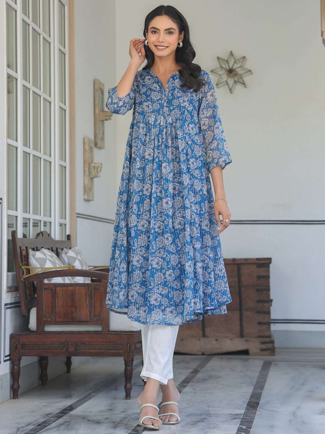 Myra Blue Chiffon Floral Stylish Kurti Sajnaa