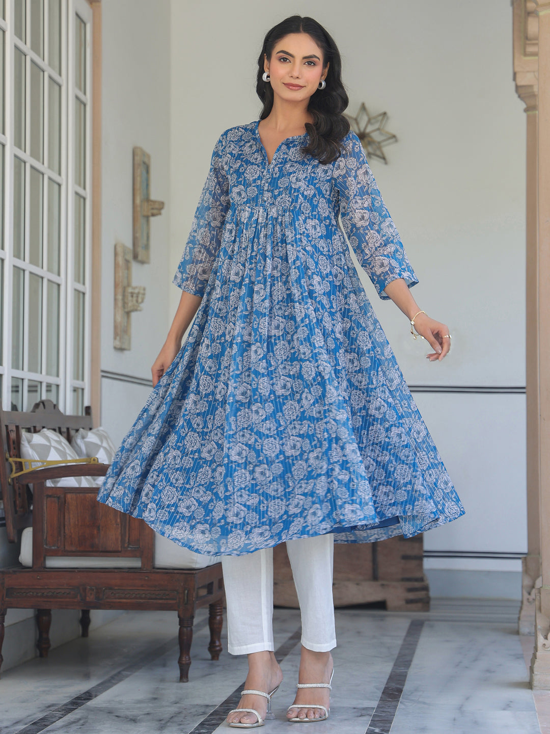 Myra Blue Chiffon Floral Stylish Kurti