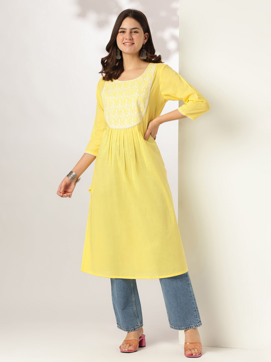 Myra Yellow Cotton Embroidered Stylish Kurti for Women