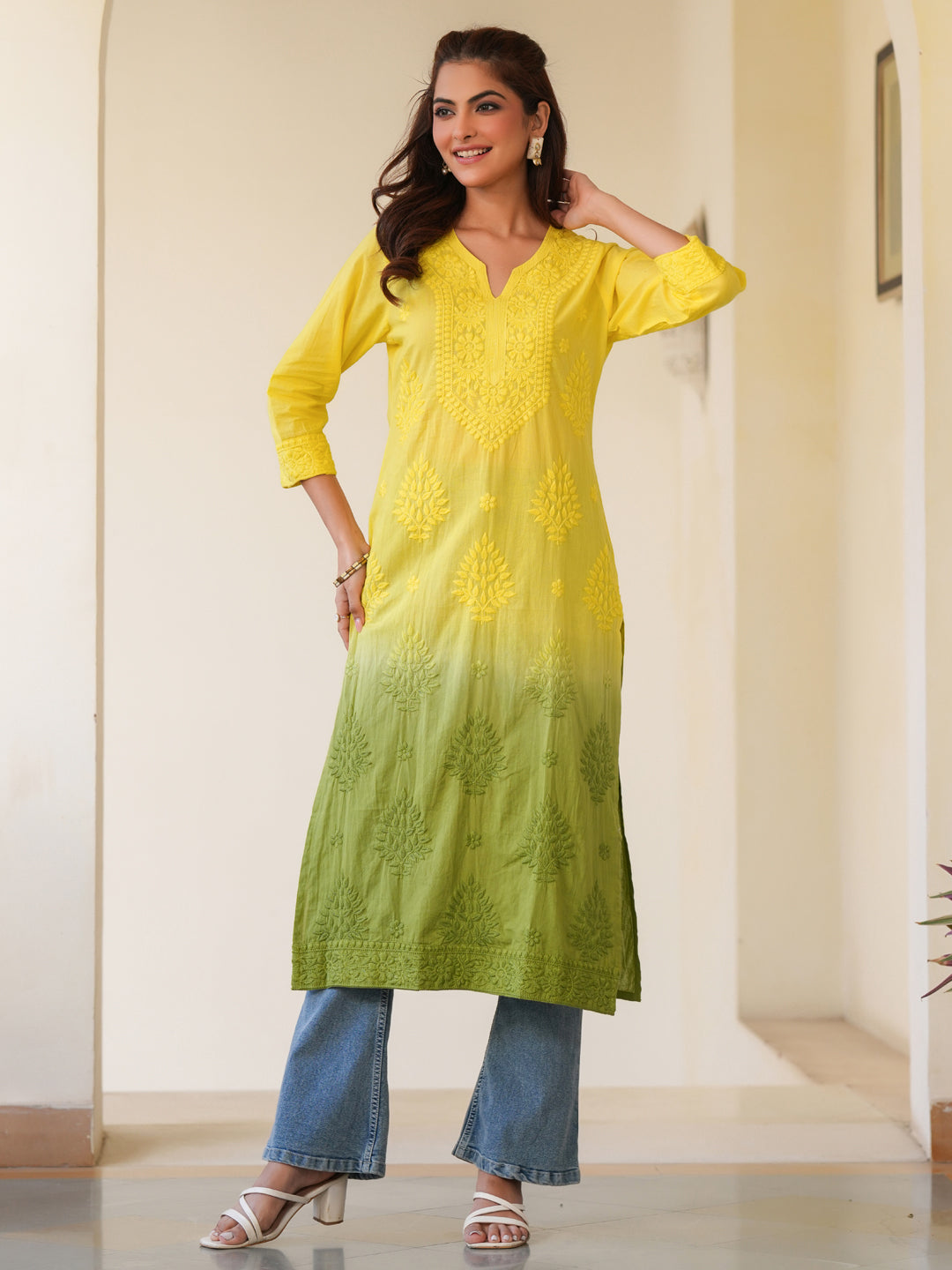 Zara Lime Yellow Ombre Chikankari Stylish Kurti for Women