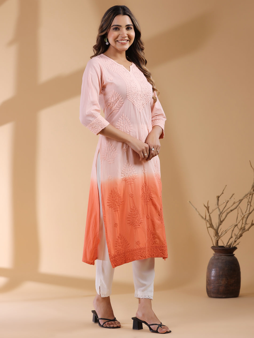 Lyra Peach Ombre Chikankari Stylish Kurti for Women