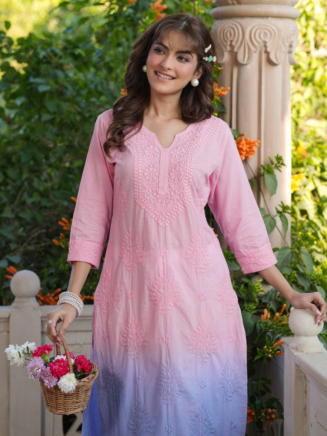 Baby Pink Ombre Pure Cotton Chikankari Embroidered Straight Kurta My Store