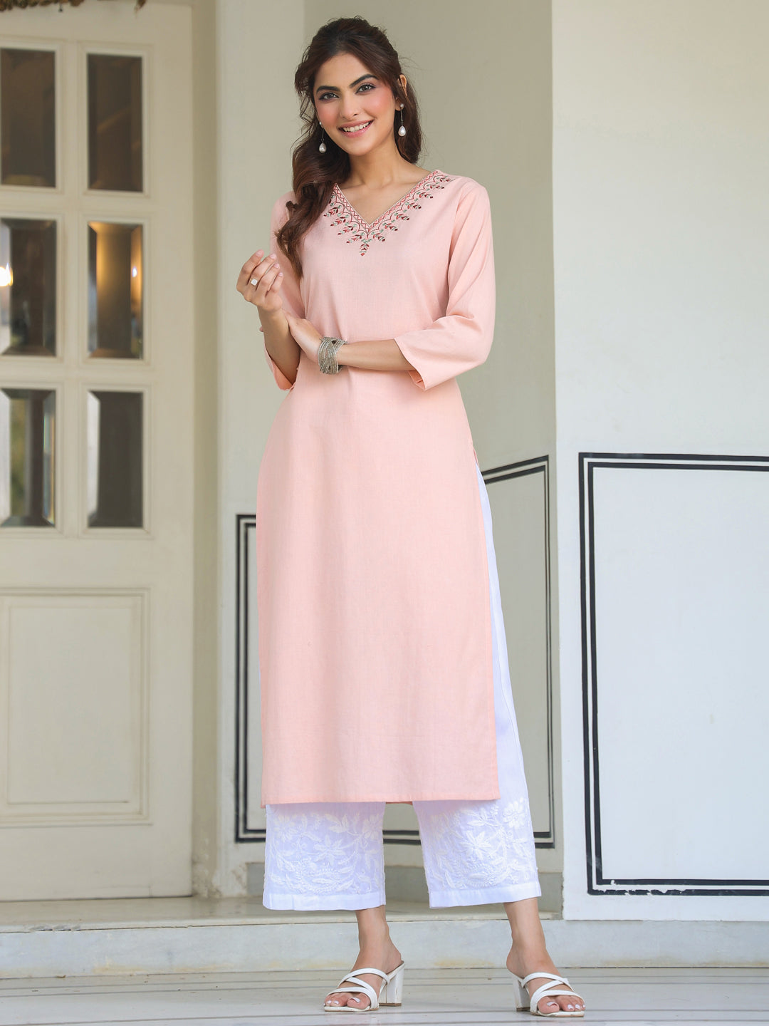 Vedika Peach Cotton Embroidered Stylish Kurti for Women