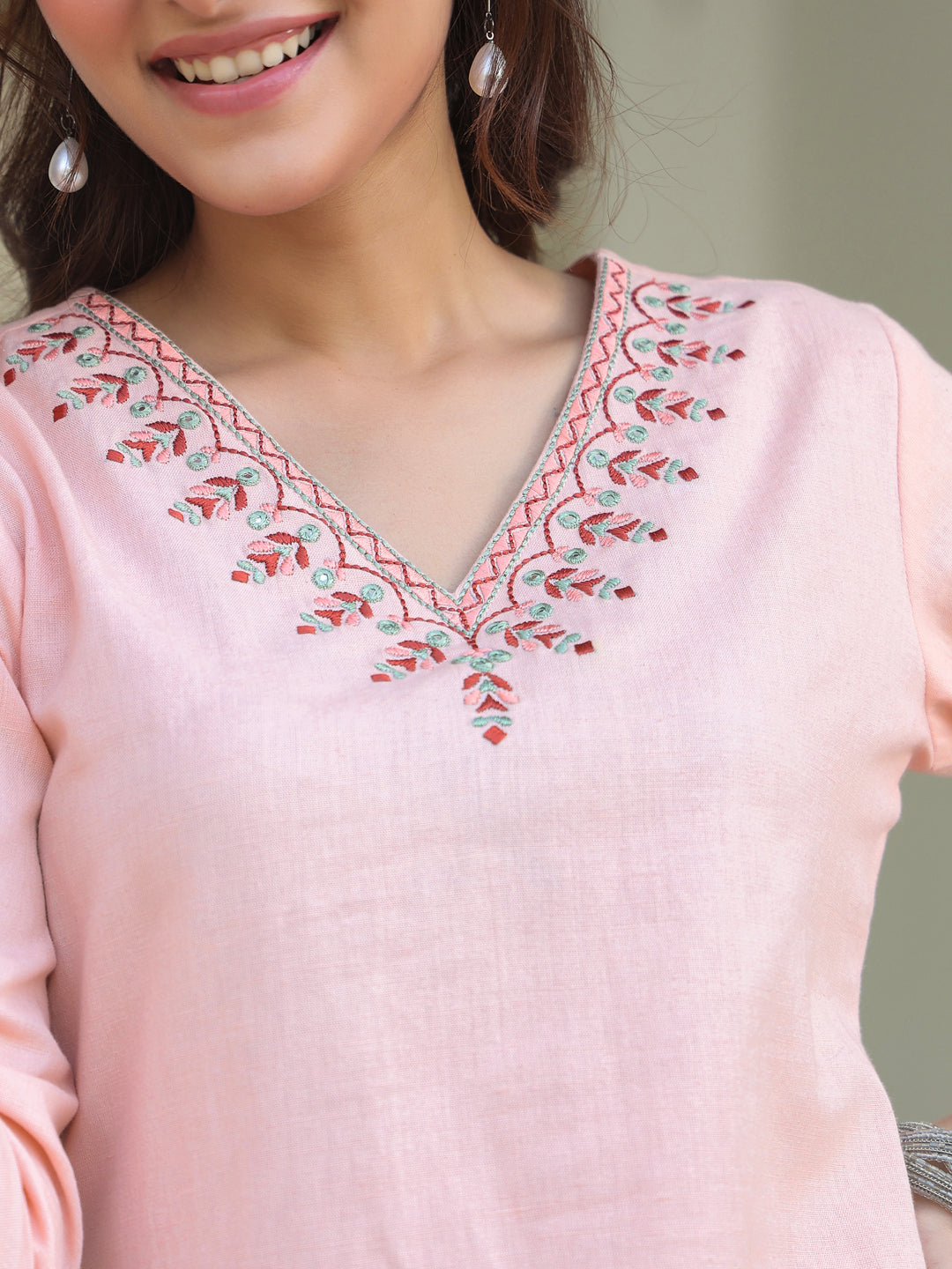 Vedika Peach Cotton Embroidered Stylish Kurti for Women