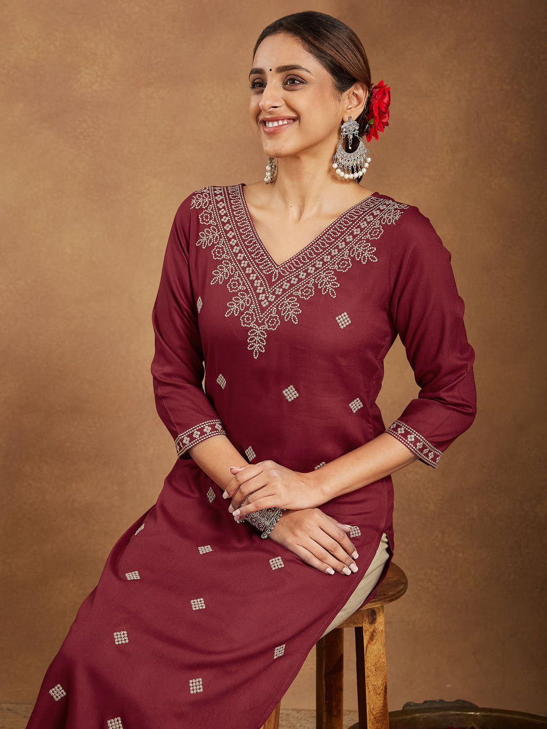 Amara Maroon Embroidered Rayon Straight Stylish Kurti for Women