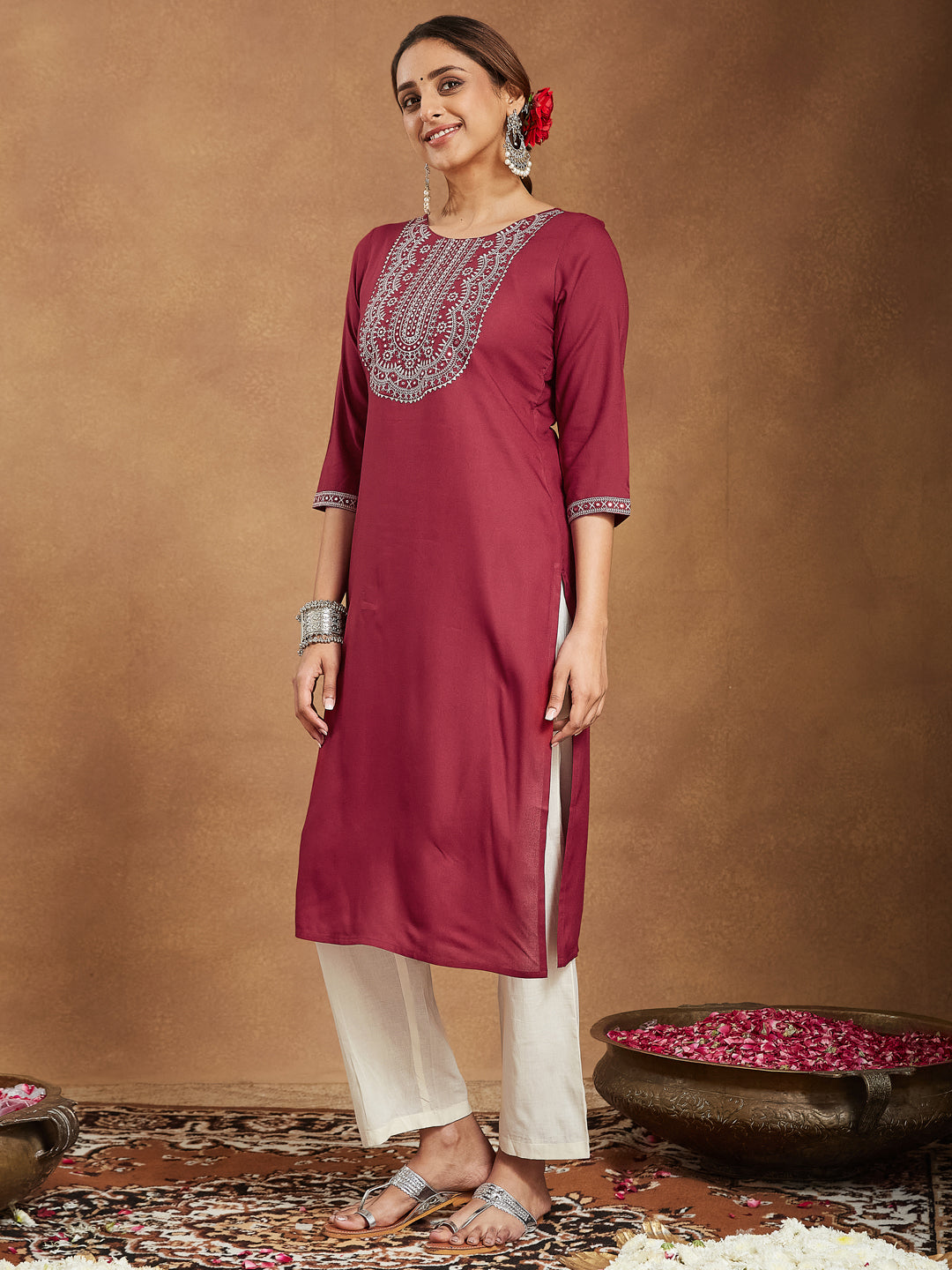 Ruby Maroon Embroidered Rayon Straight Stylish Kurti for Women