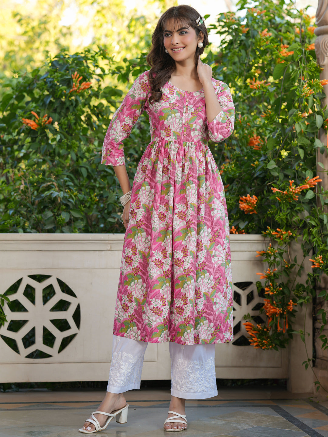 Amara Pink Floral Cotton A-Line Stylish Kurti for Women