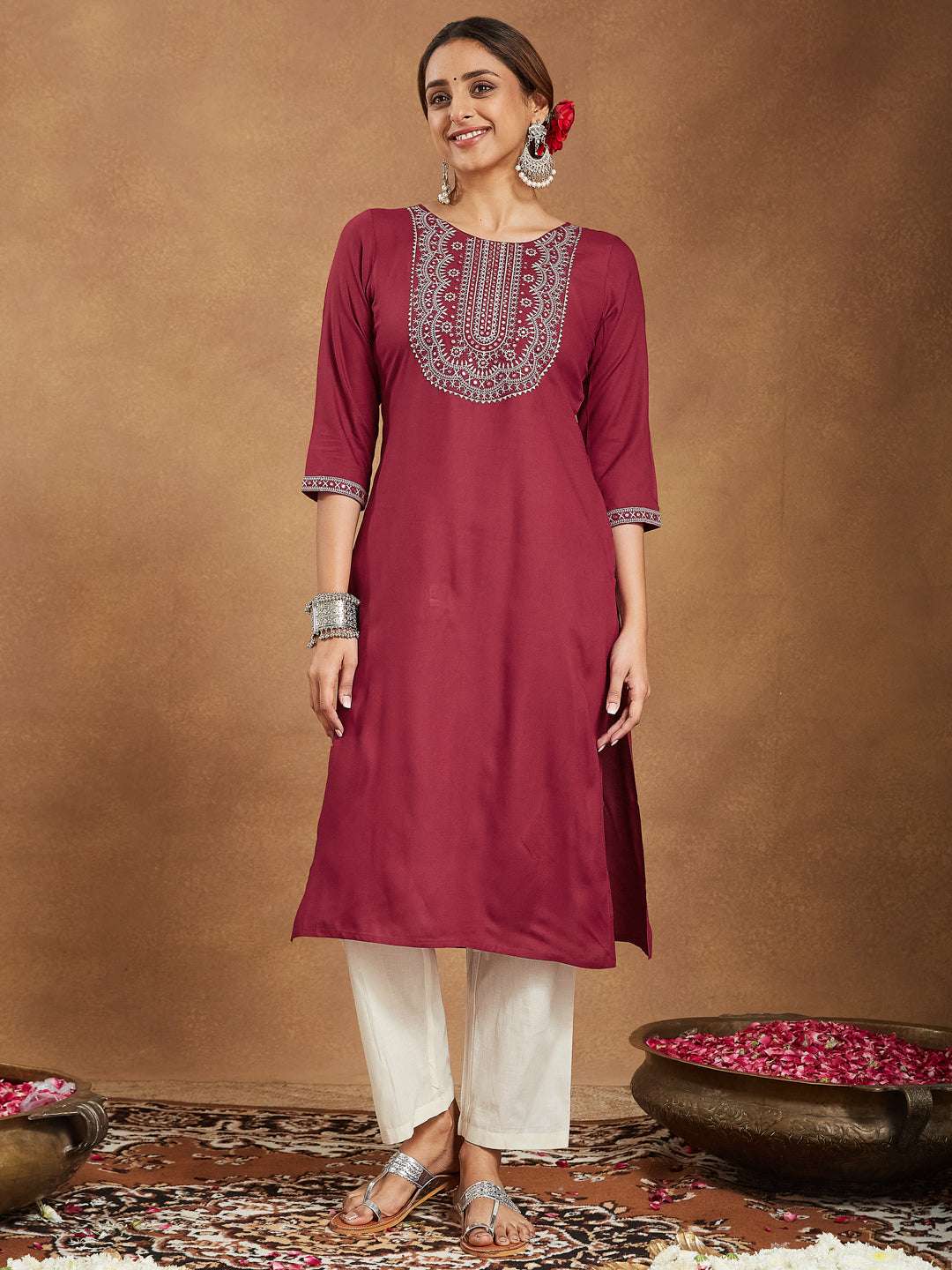 Ruby Maroon Embroidered Rayon Straight Stylish Kurti for Women My Store