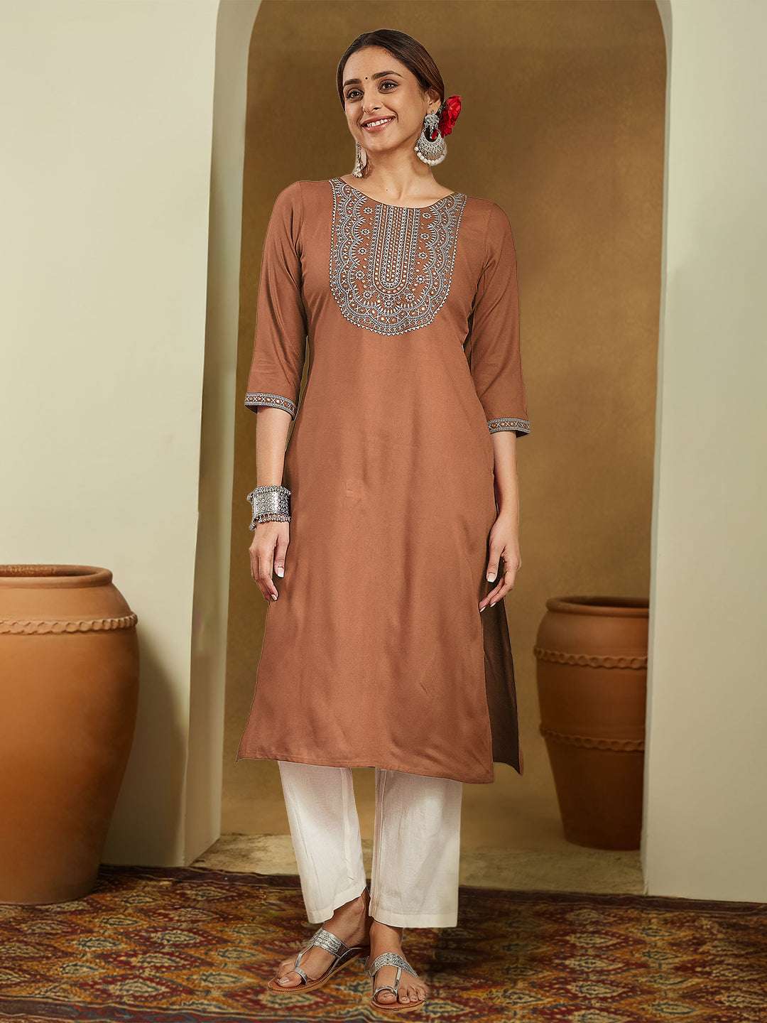 Siena Brown Embroidered Rayon Straight Stylish Kurti for Women Sajnaa