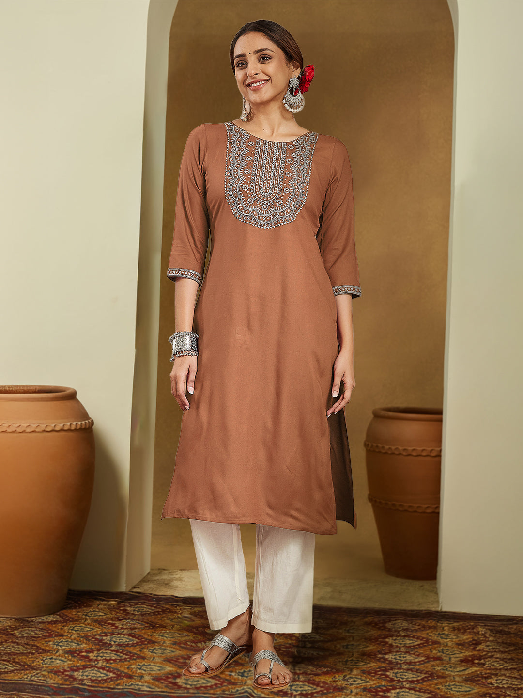 Siena Brown Embroidered Rayon Straight Stylish Kurti for Women