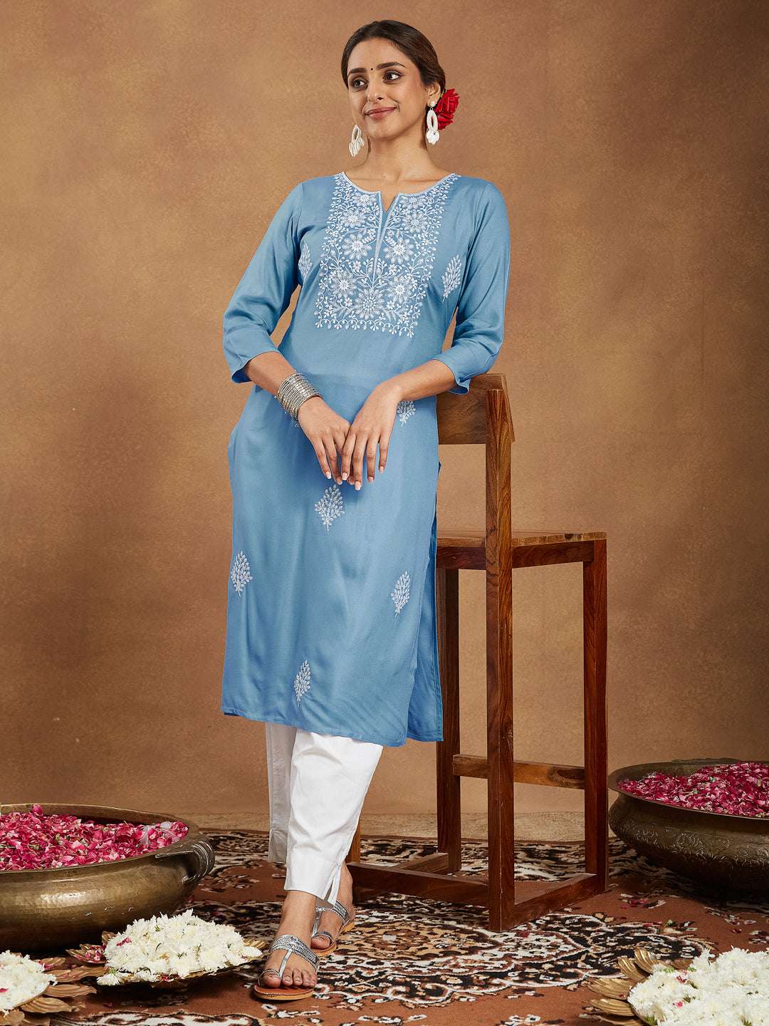 Stylish Kurti for Women -  Celeste Sky Blue Embroidered Rayon Straight Stylish Kurti for Women My Store