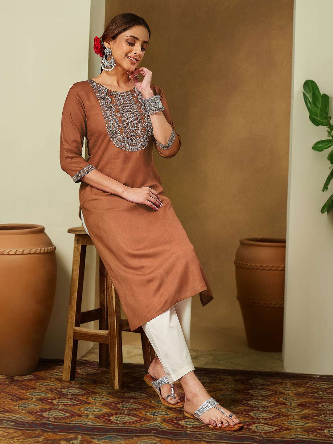 Siena Brown Embroidered Rayon Straight Stylish Kurti for Women Sajnaa