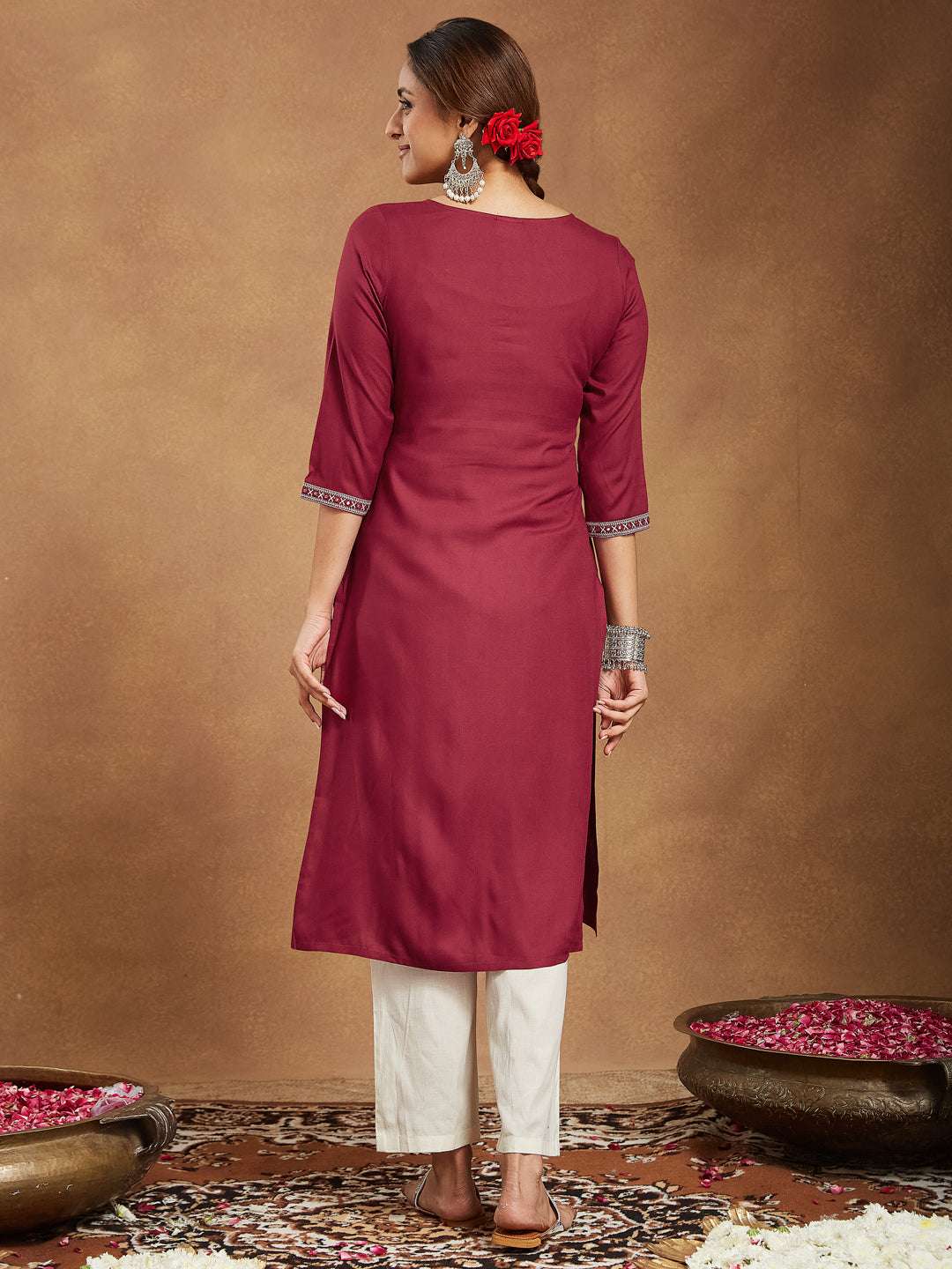 Ruby Maroon Embroidered Rayon Straight Stylish Kurti for Women My Store