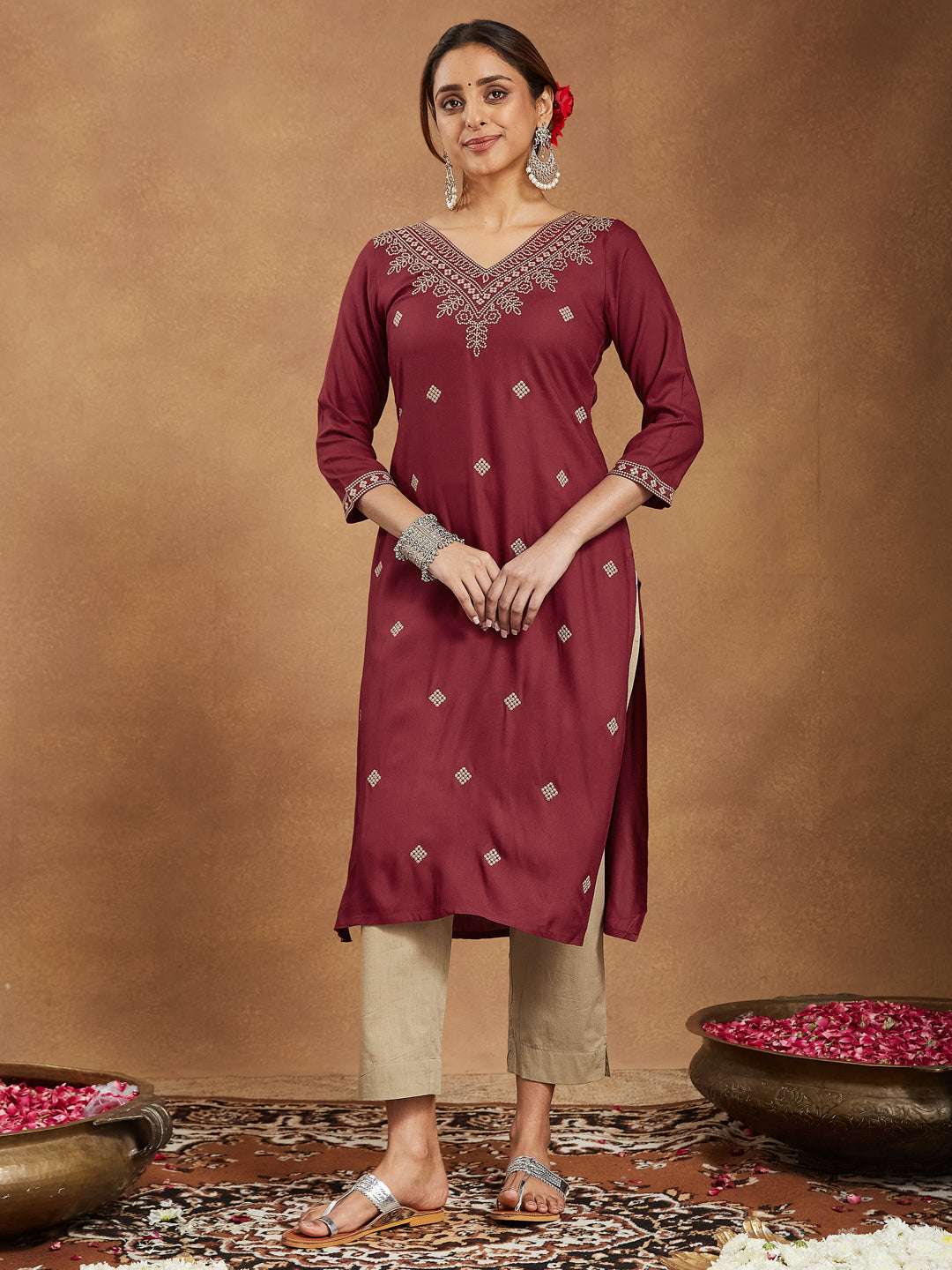 Amara Maroon Embroidered Rayon Straight Stylish Kurti for Women My Store