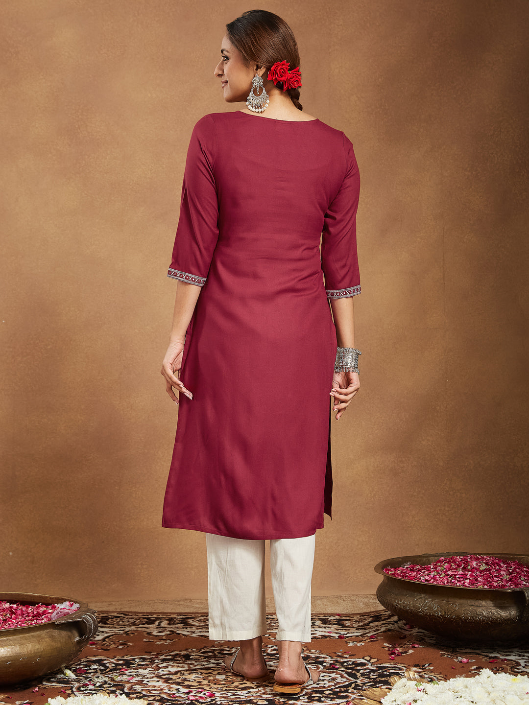 Ruby Maroon Embroidered Rayon Straight Stylish Kurti for Women