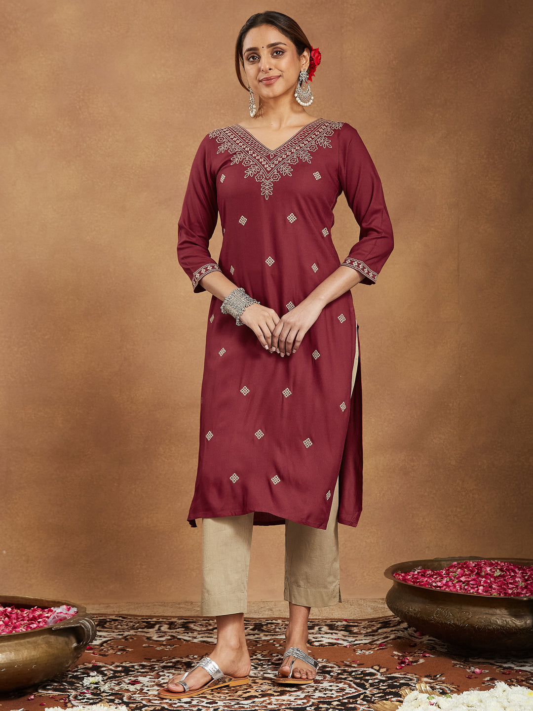Amara Maroon Embroidered Rayon Straight Stylish Kurti for Women