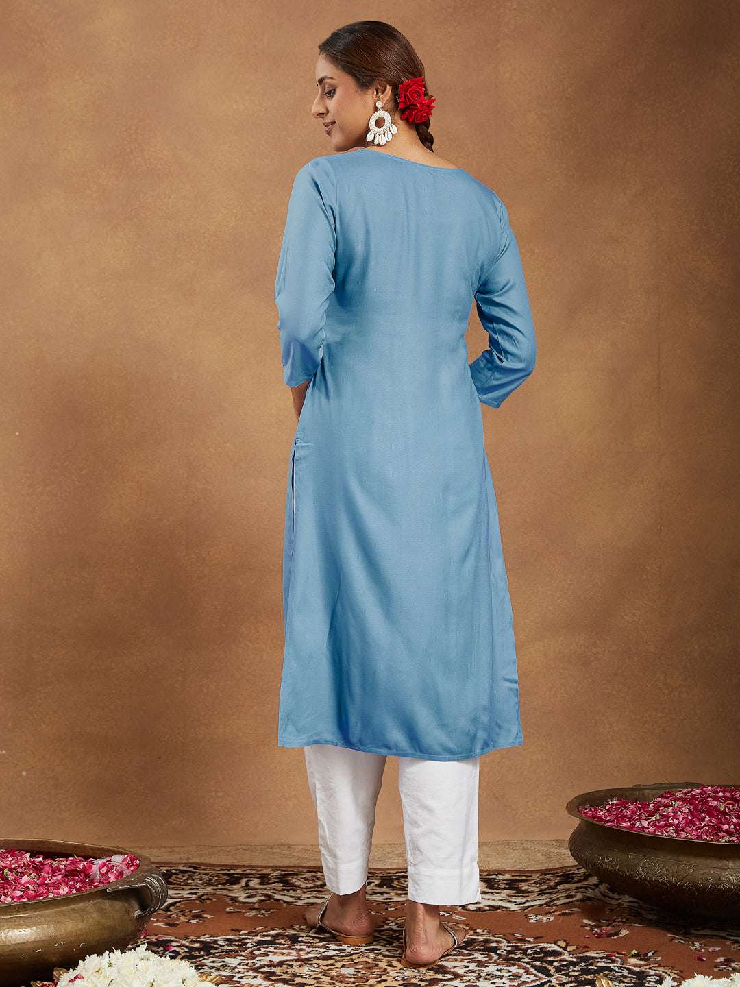 Stylish Kurti for Women -  Celeste Sky Blue Embroidered Rayon Straight Stylish Kurti for Women My Store